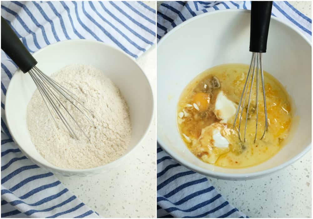 Start by whisking together the flour, baking powder, baking soda, and salt together in a medium bowl.  Then in a large bowl whisk together the melted butter, vegetable oil, eggs, sour cream, milk, brown sugar, granulated sugar, and vanilla extract.