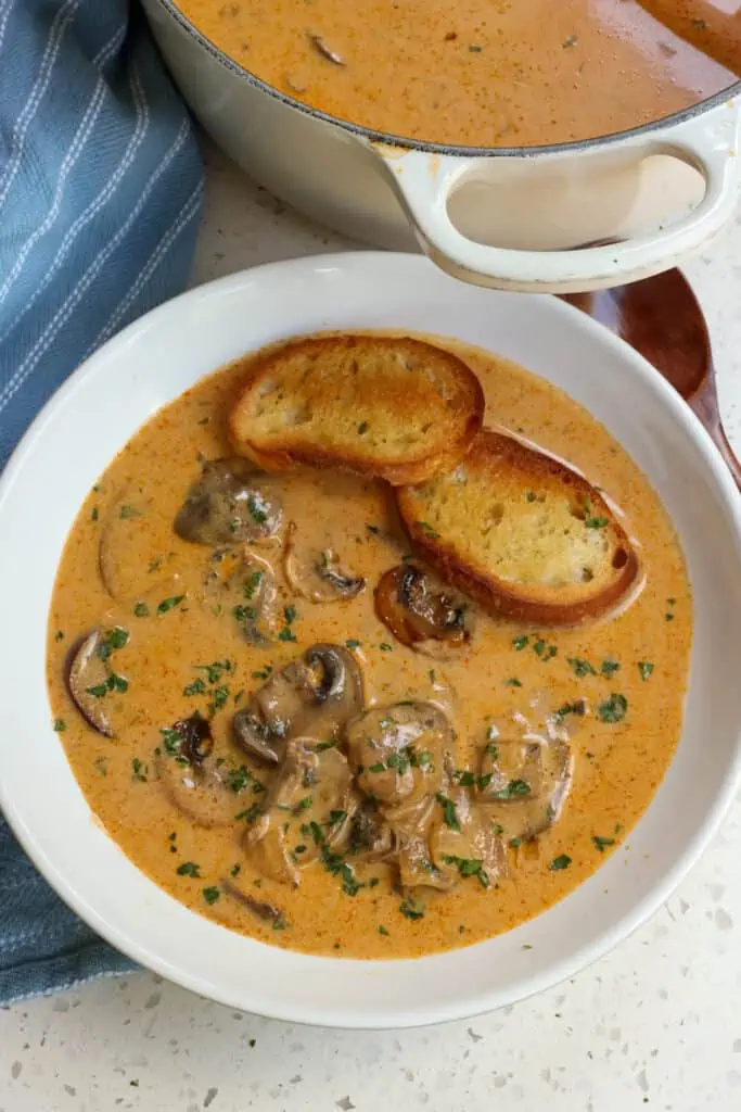 A quick and easy creamy Hungarian Mushroom Soup made with both cremini and white mushrooms, fresh dill, sweet Hungarian paprika, and sour cream.  