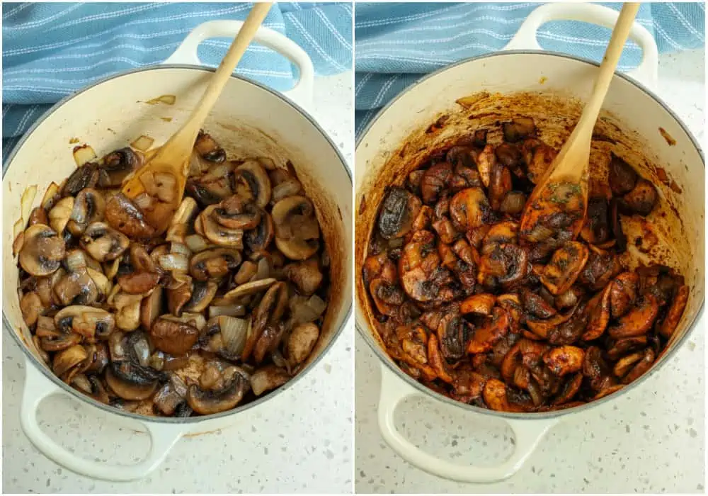 The steps to make Hungarian mushroom soup. First, melt the butter in a Dutch Oven or soup pot over medium heat. Add the onions and mushrooms and cook until the onions are soft and the mushrooms are browned. Then reduce the heat to low and add the dill and paprika, cooking for 1 minute while stirring constantly.