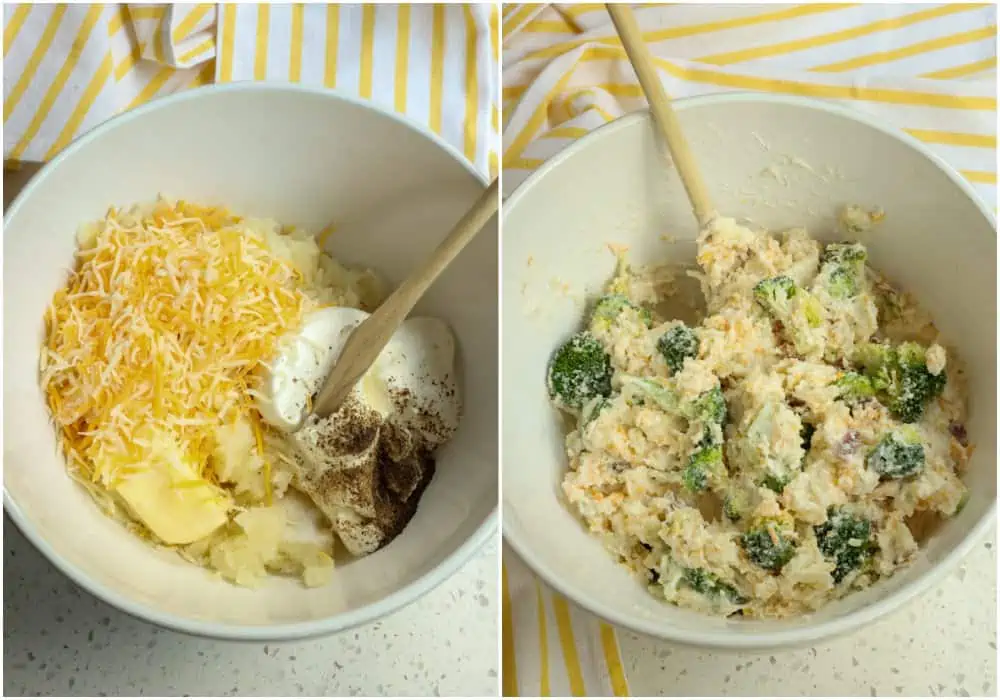Scoop out the potato flesh and combine it with half the bacon, the steamed broccoli, butter, sour cream, 1/2 cup cheddar cheese, and 1/2 cup Monterey Jack Cheese. Using a spoon stir to combine.  
