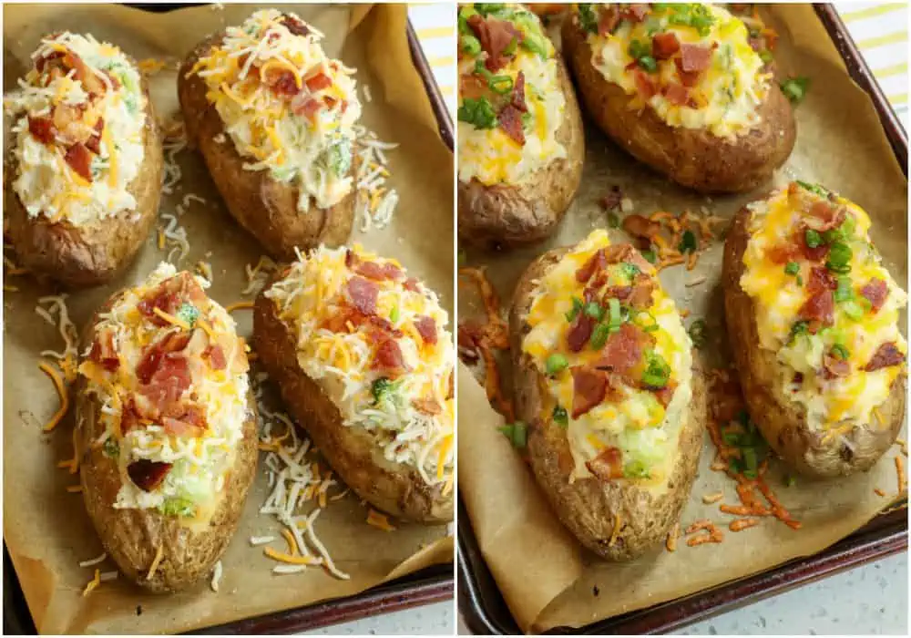 Season with kosher salt and fresh ground black pepper to taste. Then spoon the mixture into the hallowed out potato skins. Top with the remaining cheese and bake for about 12-15 minutes or until the cheese is melted and the potatoes are heated through. 