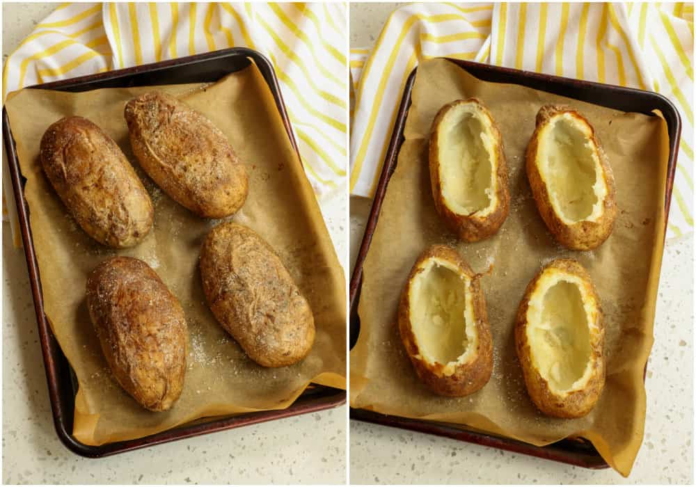 First rub some russet potatoes with olive oil and generously sprinkle with coarse salt. Bake at 400 degrees for about 50 minutes or until fork tender.  Let them cool for a bit for slicing a thin skin off the top.