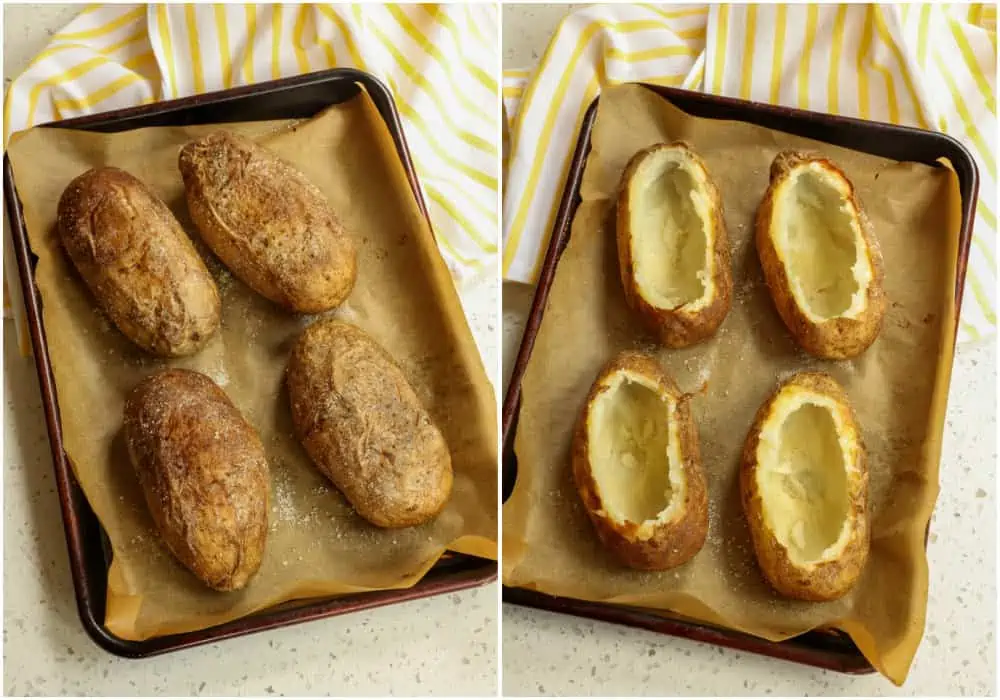 First rub some russet potatoes with olive oil and generously sprinkle with coarse salt. Bake at 400 degrees for about 50 minutes or until fork tender.  Let them cool for a bit for slicing a thin skin off the top.