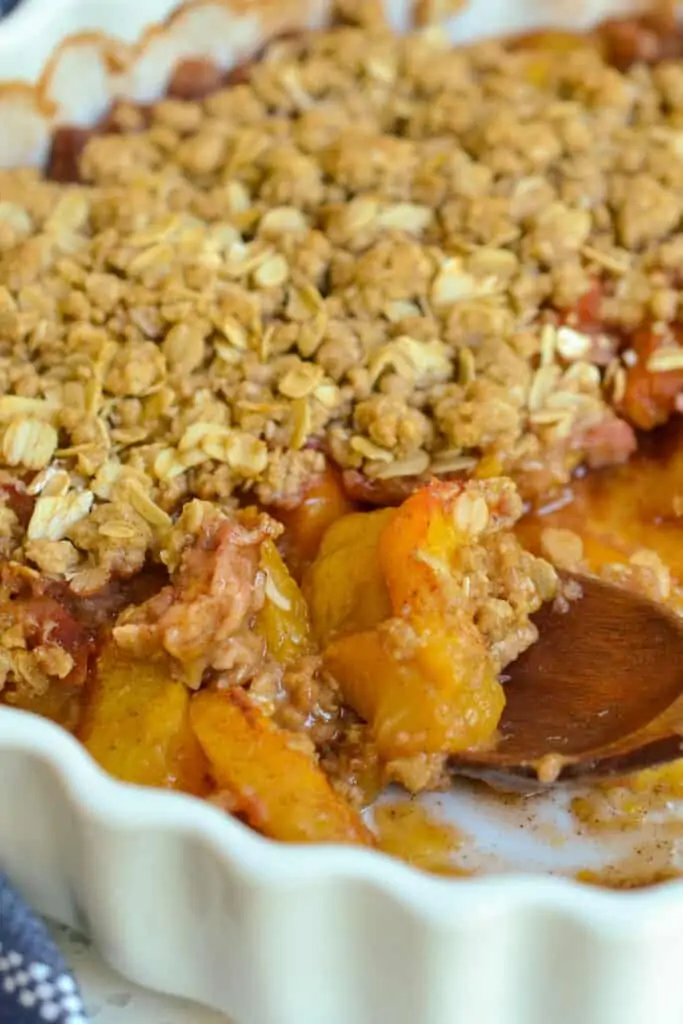 This delicious peach crisp is made with common pantry ingredients and so easy to make, you can whip this up for a sweet treat any time! 