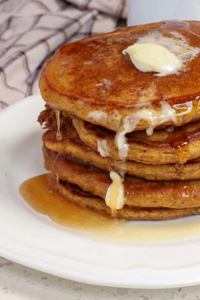 Enjoy these delicious pumpkin pancakes with butter and warm maple syrup for an over the top indulgent treat. 