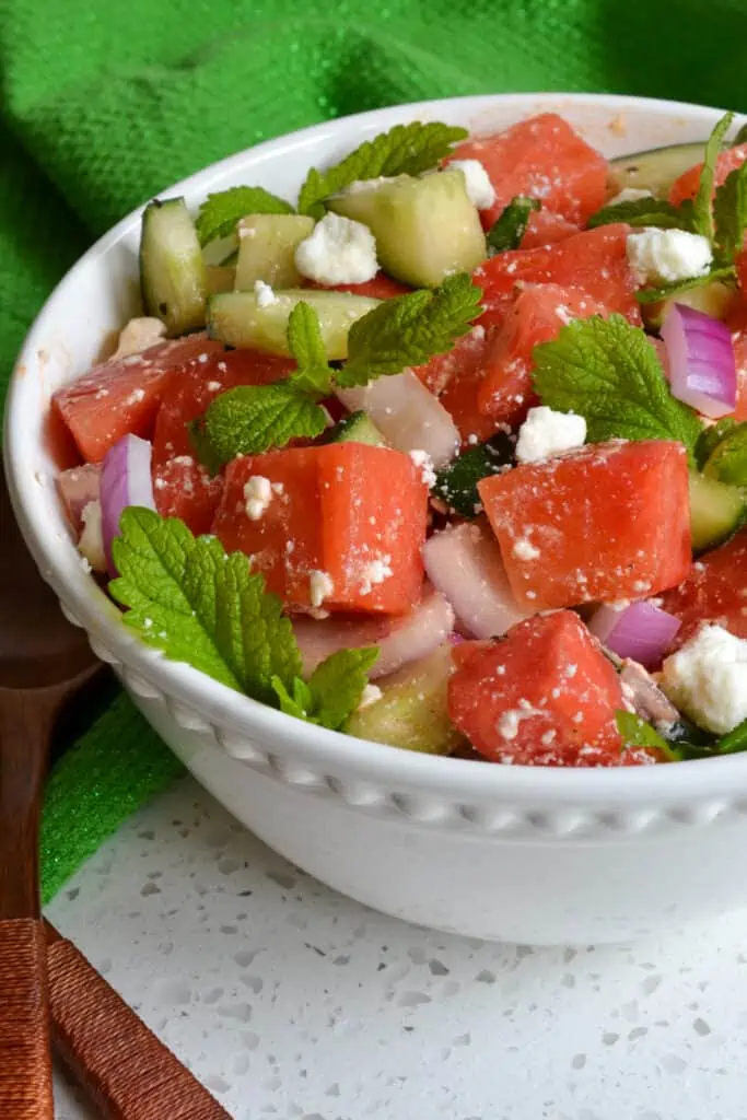A simple tasty Watermelon Salad with Feta combining the best of salty and sweet in this unique summer side dish.