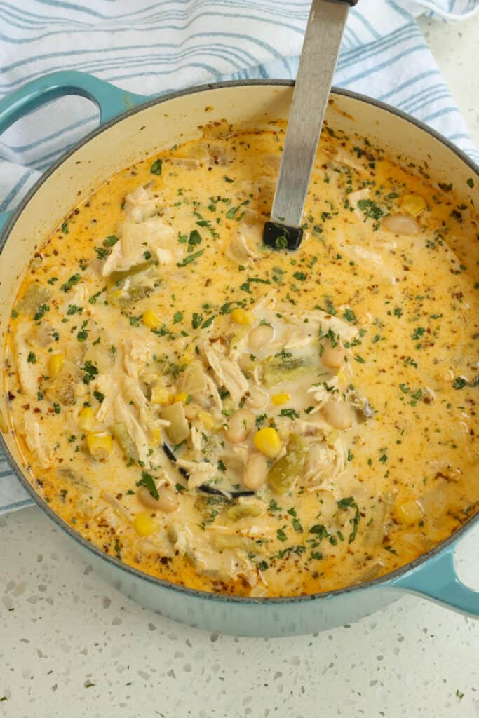 This easy White Chicken Chili recipe is a creamy version of chili with white beans, roasted chicken, sour cream, poblano peppers and Anaheim peppers.