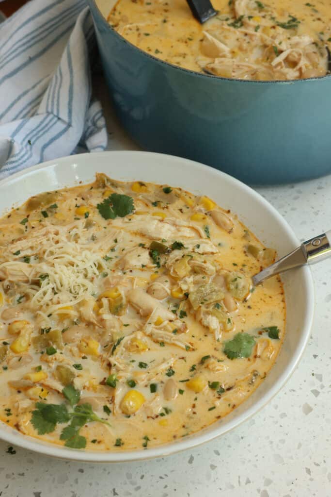 This white chicken chili is one of our favorites and it comes together so easily using already cooked rotisserie chicken.