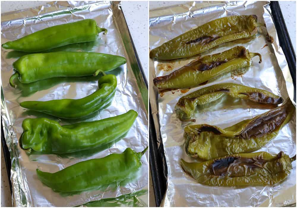 Roast the Anaheim or poblano peppers for about 20 minutes or until blistered. 