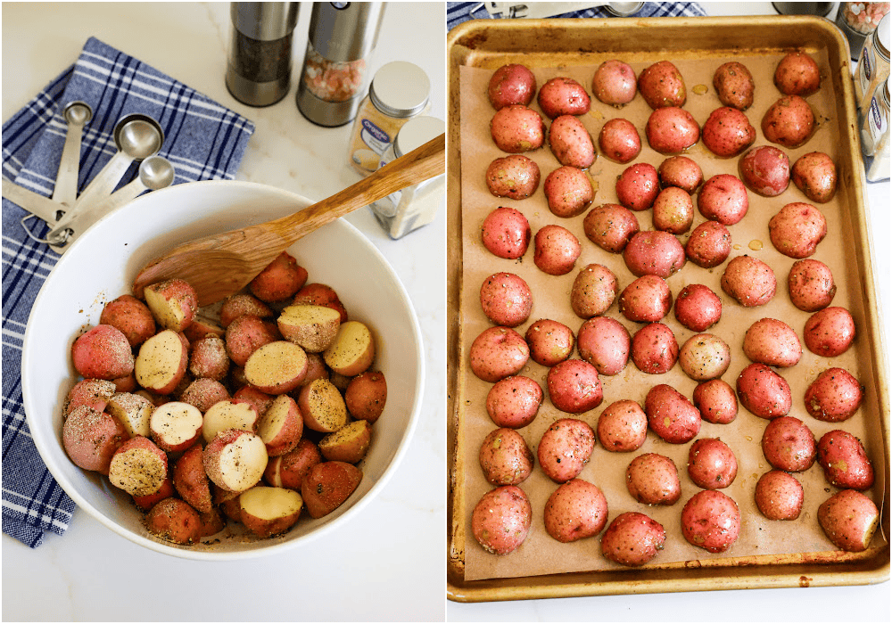 Some of the steps to making roasted red potatoes. Add the potatoes to a large bowl. Then add the olive oil, minced garlic, kosher salt, fresh ground black pepper, and onion powder. Stir or toss to coat. Spread the potatoes cut side down in a single layer on a baking sheet covered with parchment paper. Leave some room between them for the heat to flow. 