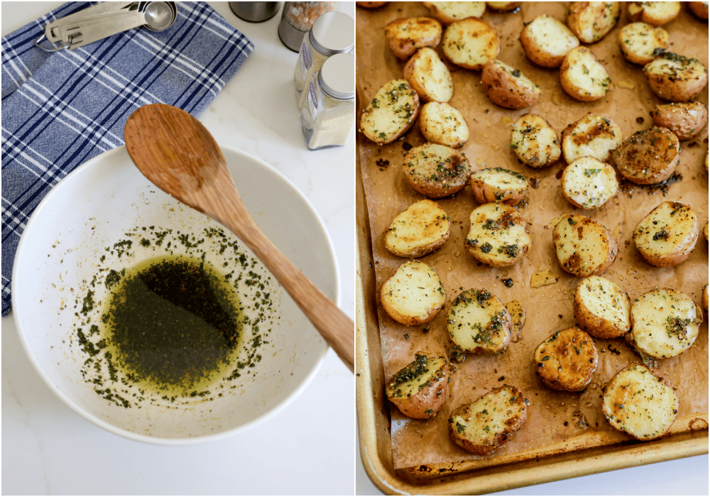 Some of the steps to making roasted red potatoes. Stir 1 1/2 tablespoons of fresh herbs with the residual oil left in the bowl. Then, using a large spatula, remove the potatoes from the baking sheet and place them in the bowl, and toss gently. Gently pour them back onto the baking sheet. Turn them cut side up and place them back in the oven for about 7-10 minutes or until fork tender and golden brown. 