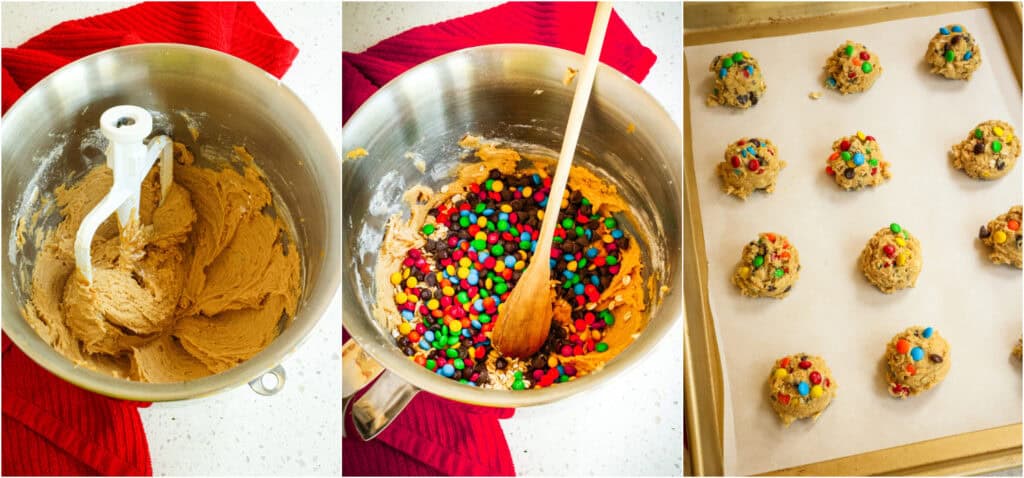 Some of the steps to making monster cookies. Add the dry ingredients to the wet ingredients in several intervals, mixing just until combined. Scrape down the bowl and beater as needed. Remove the bowl from the mixer and stir in the rolled oats, semi-sweet chocolate chips, and the M&Ms. Using a 1 1/2 tablespoon cookie scoop, drop the dough by rounded tablespoons onto a parchment-covered baking sheet.