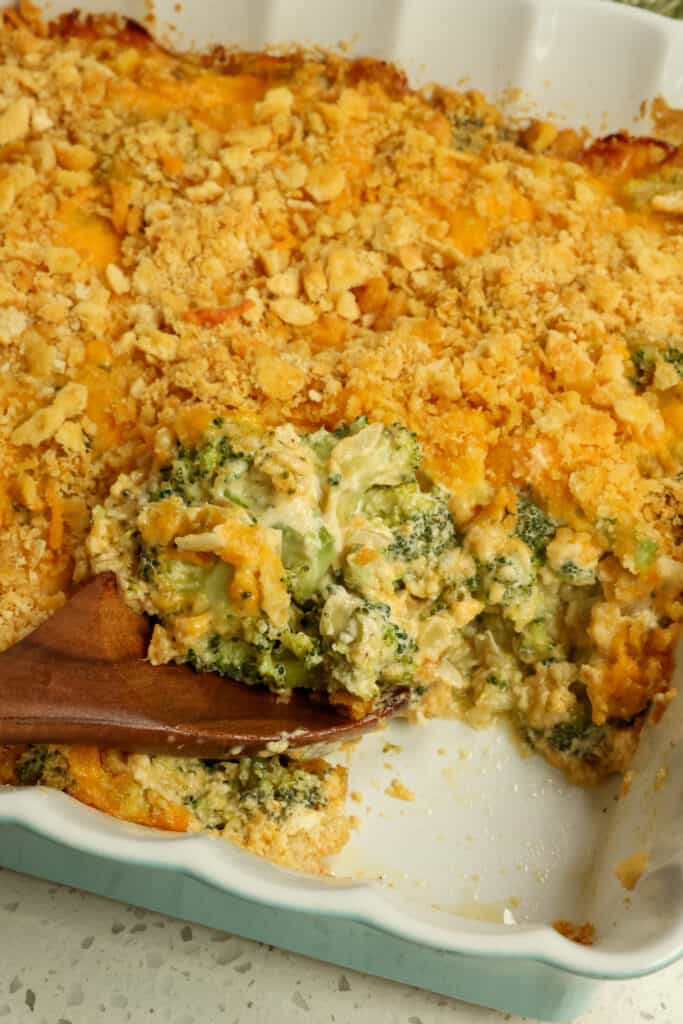 Bake broccoli cheddar casserole for 30-40 minutes or until lightly browned on the top.  
