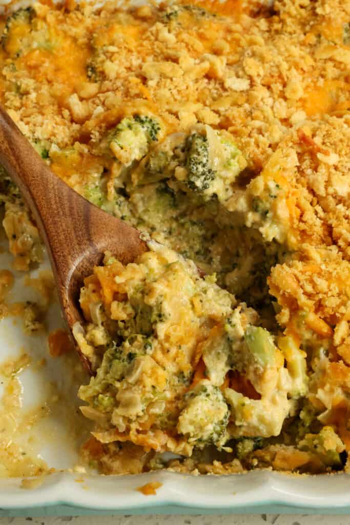 This fresh Broccoli Cheese Casserole is made with onions, garlic, mayonnaise, eggs, and cheddar in a tasty cream sauce all topped with cheesy buttery cracker crumb topping.  