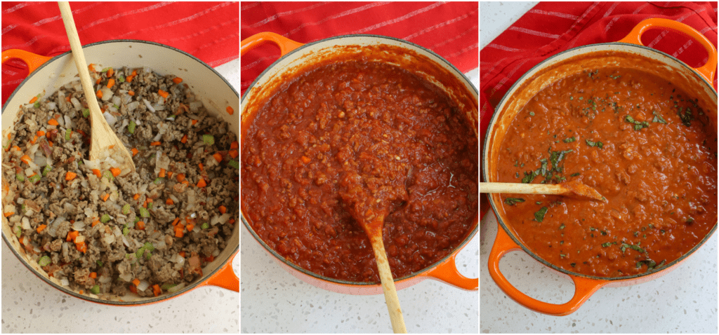 Add the ground beef and cook until it's about halfway browned. Mix in the onion, carrots, and celery, and cook until the beef is browned and vegetables are tender. Reduce the heat to low and add the garlic. Cook for a minute while stirring. Combine the tomato paste, red wine, beef broth, crushed tomatoes, bay leaf, and Parmesan rinds to the pot. Bring it to a soft boil and reduce to low simmer.