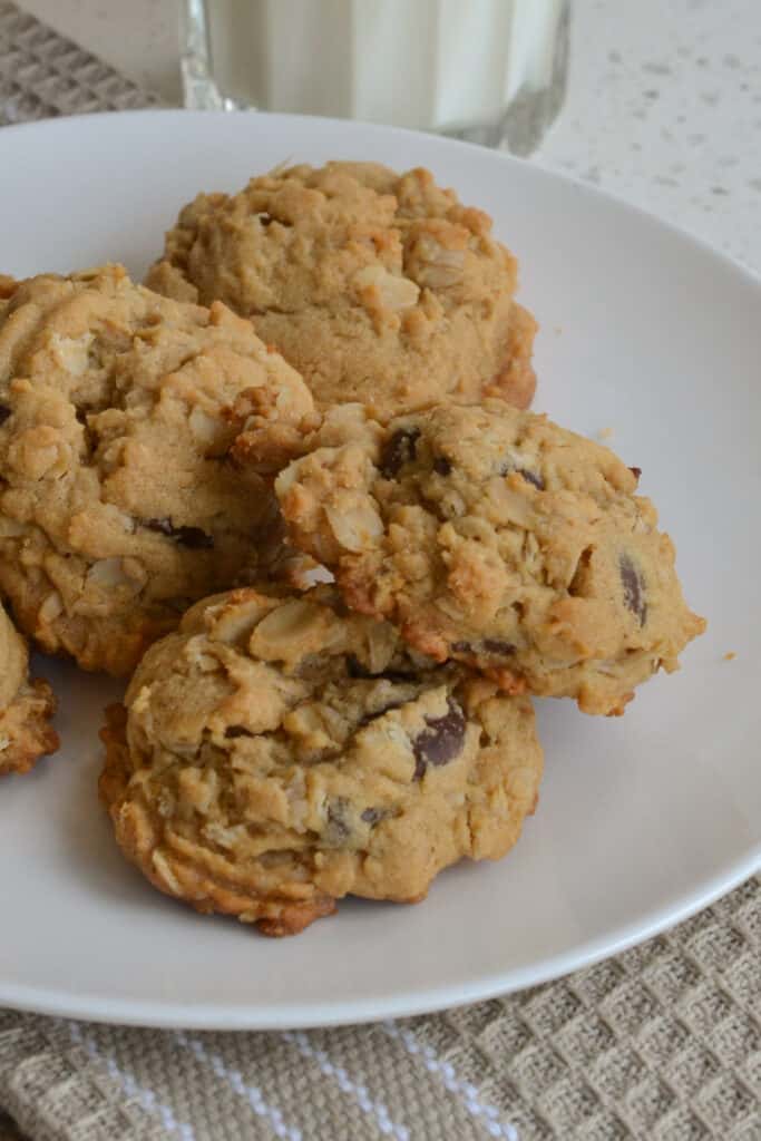 Peanut Butter Oatmeal Chocolate Chip Cookies with slightly crispy edge and a soft melt in your mouth center.