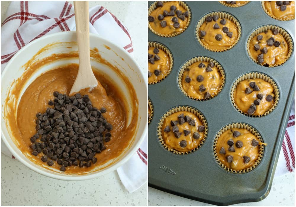 Add the dry ingredients to the wet ingredients, mixing just until combined. Fold the chocolate chips into the batter. Fill the muffin tins to the top with the batter and sprinkle each with a few chocolate chips.