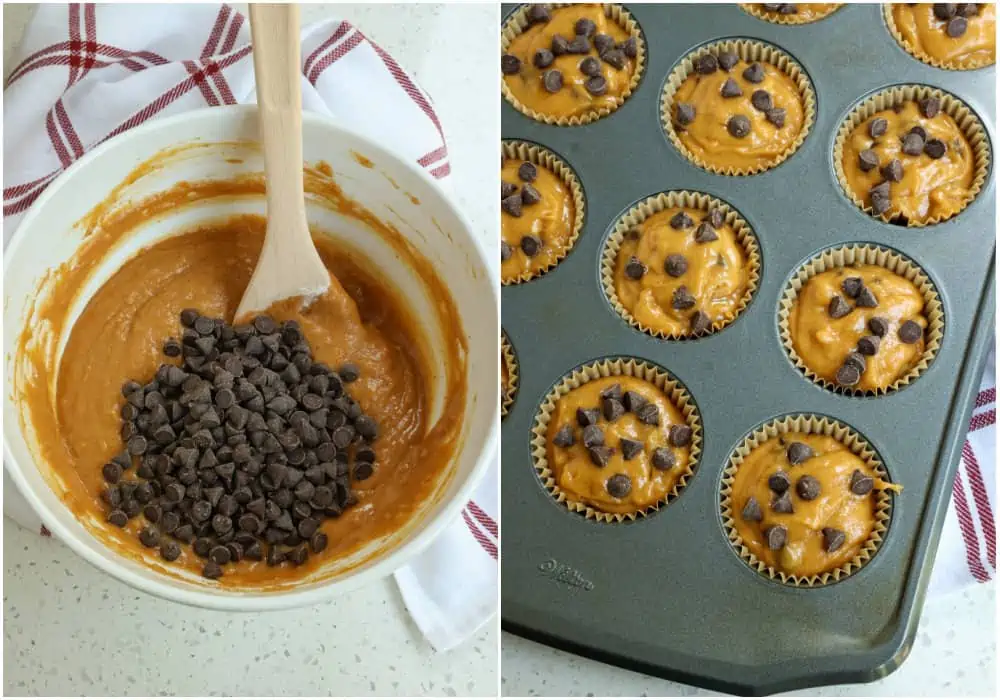 Add the dry ingredients to the wet ingredients, mixing just until combined. Fold the chocolate chips into the batter. Fill the muffin tins to the top with the batter and sprinkle each with a few chocolate chips.
