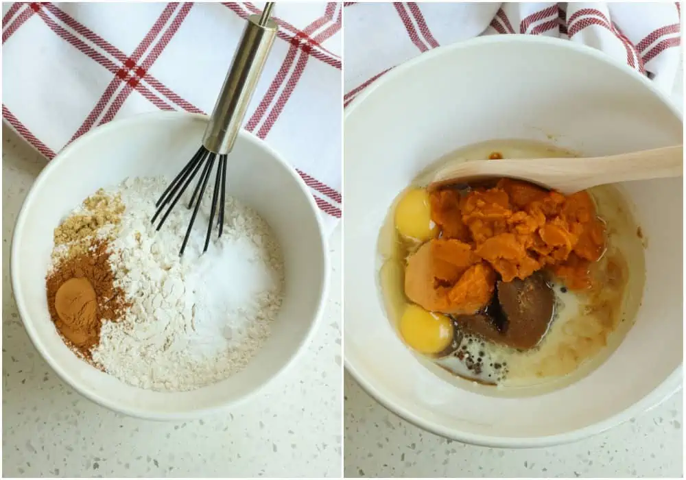 First, in a medium bowl, whisk together the flour, baking soda, baking powder, salt, cinnamon, nutmeg, and ginger. Set it aside for a few minutes.

In a large bowl, stir together the granulated sugar, brown sugar, eggs, vegetable oil, pumpkin puree, milk, and vanilla extract.