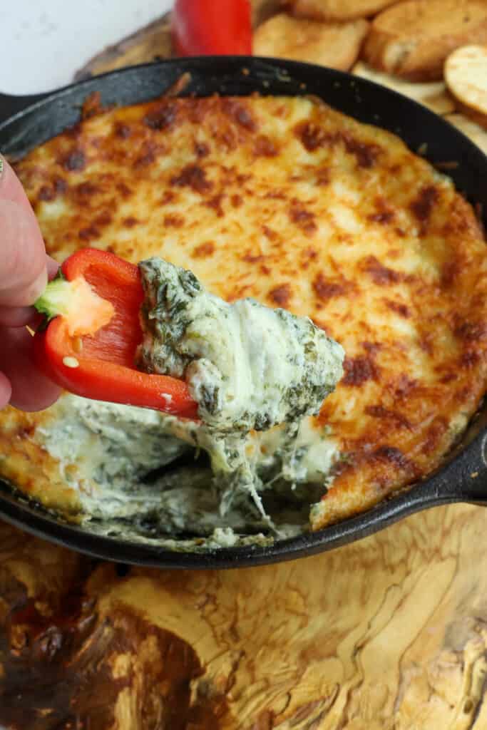 Spoon it into a small dip-sized baking dish. I like to use an 8-inch cast iron skillet.  Top with the remaining mozzarella cheese. and bake for 25-30 minutes or until the cheese is melted and lightly browned. 