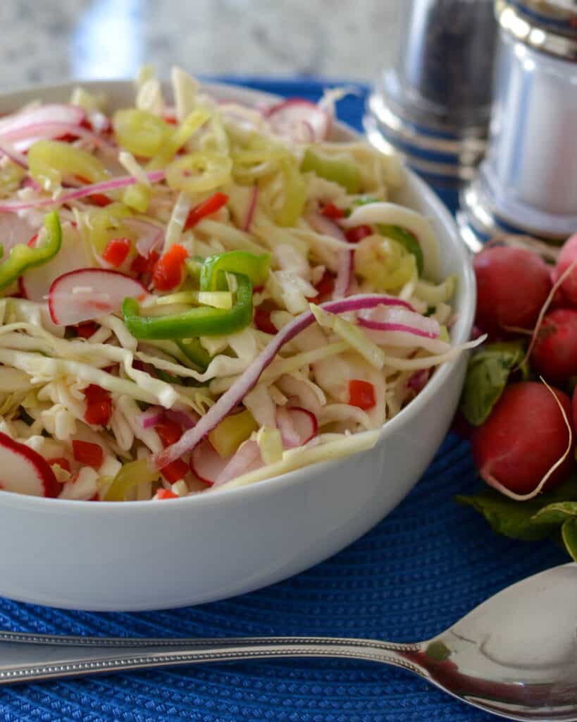 This simple tasty Vinegar Coleslaw is quick to come together and healthy.  It is the perfect side for all your spring and summer grilling.