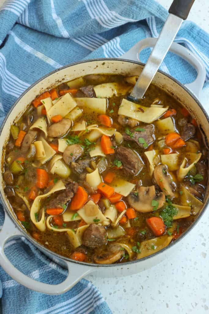 A deliciously simple Beef Noodle soup with succulent pieces of beef chuck roast, mushroom, onions, carrot, and egg noodles in a perfectly seasoned broth.