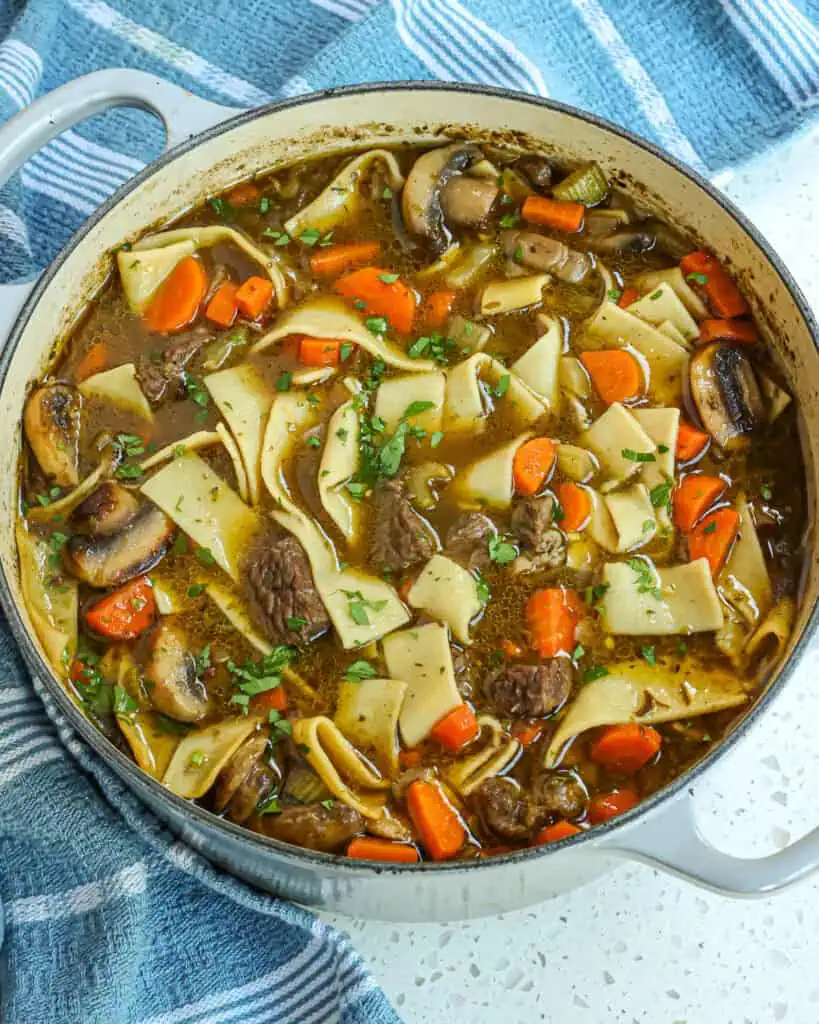 A Dutch oven full of beef noodle soup 