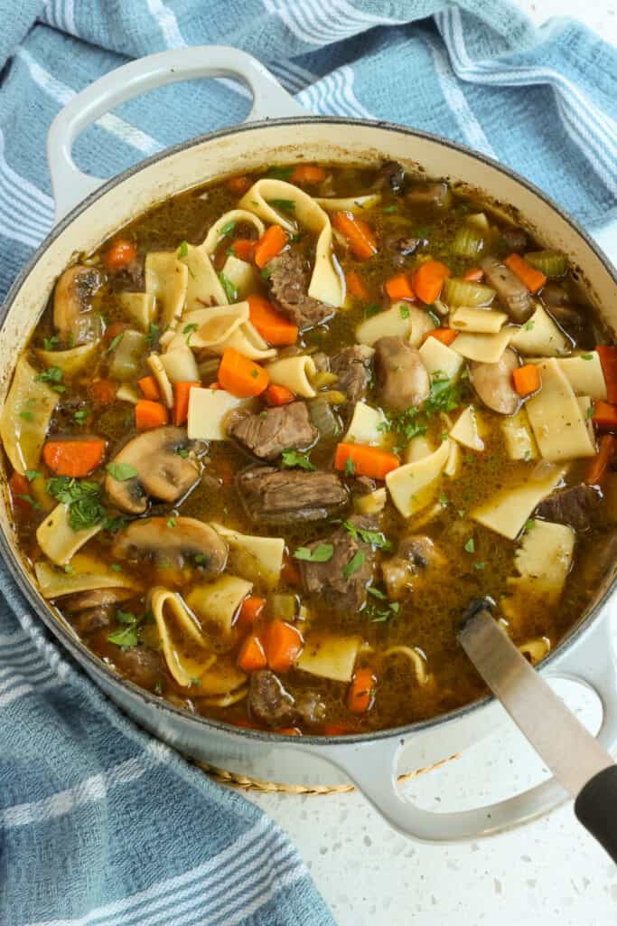 This Beef Noodle Soup Recipe is full of tender chunks of beef. white button mushrooms, onion, celery, carrots, and egg noodles all simmered to tasty perfection. 