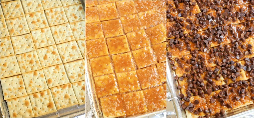 Some of the steps to making Christmas crack. . Arrange the saltines side by side in a single layer on the baking sheet. carefully pour the caramel mixture over the crackers, spreading with an offset spatula. Sprinkle the chocolate chips over the top and let them soften and melt for about 5 minutes.