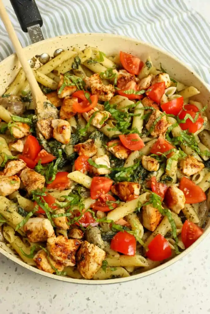 With so much flavor and ease, it is one of our favorite pasta recipes. This recipe comes together in less than 30 minutes with the help of already-prepared pesto sauce. 