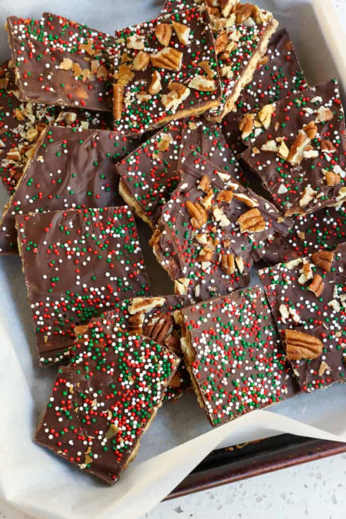 This delicious saltine cracker toffee is a delicious salty-sweet combination of saltine crackers, easy homemade toffee, and semisweet chocolate chips.google