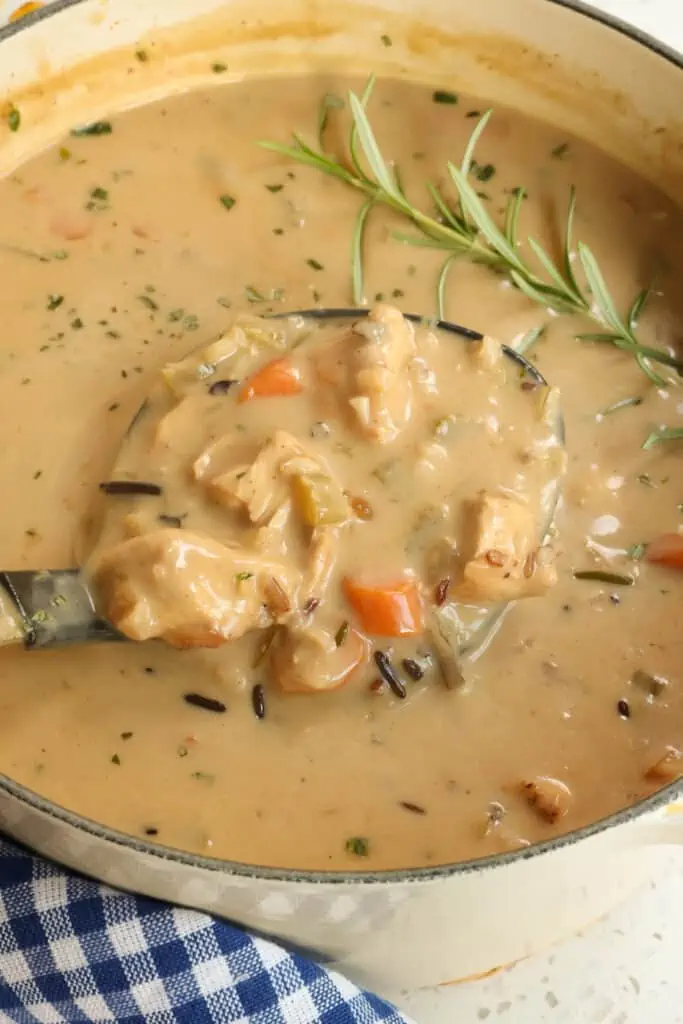 Amazing Chicken and Wild Rice Soup with browned chicken, onions, celery, carrots, and wild rice in a creamy broth with fresh thyme and rosemary.