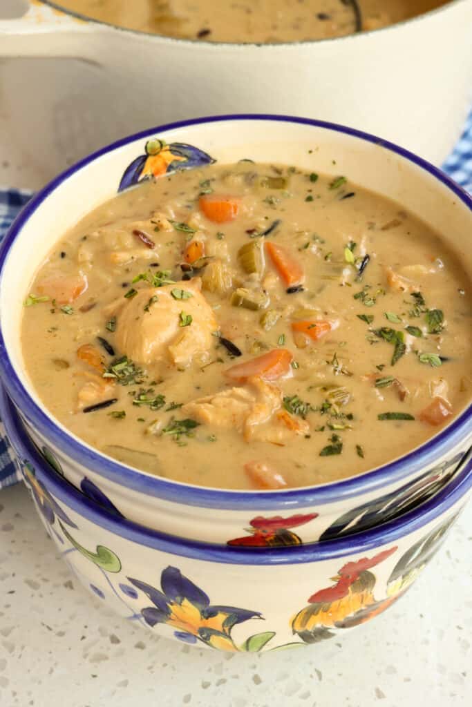 A Chicken and Wild Rice Soup recipe loaded with golden brown chicken, onion, celery, carrots, garlic, and wild rice in a creamy brother seasoned with fresh herbs. 