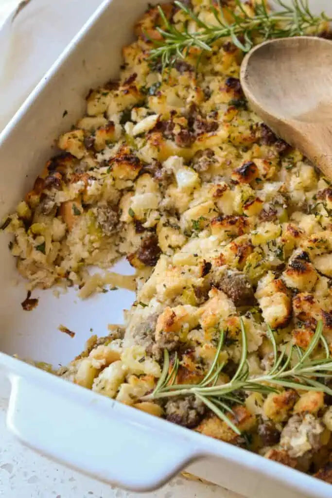 A delicious traditional Classic Stuffing made with onions, celery, apples, and pork sausage with a perfect blend of fresh herbs and spices.  