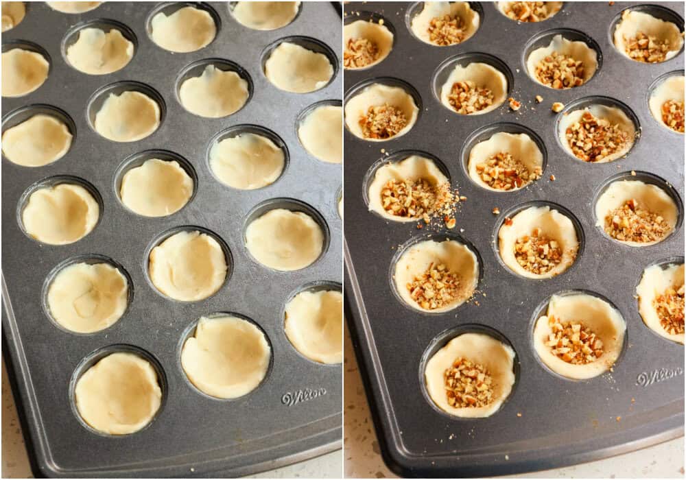 Some of the steps to making pecan tassies. Gently press the balls into and up the sides of a well-greased mini muffin pan. Sprinkle a teaspoon of chopped pecans into each muffin cup.