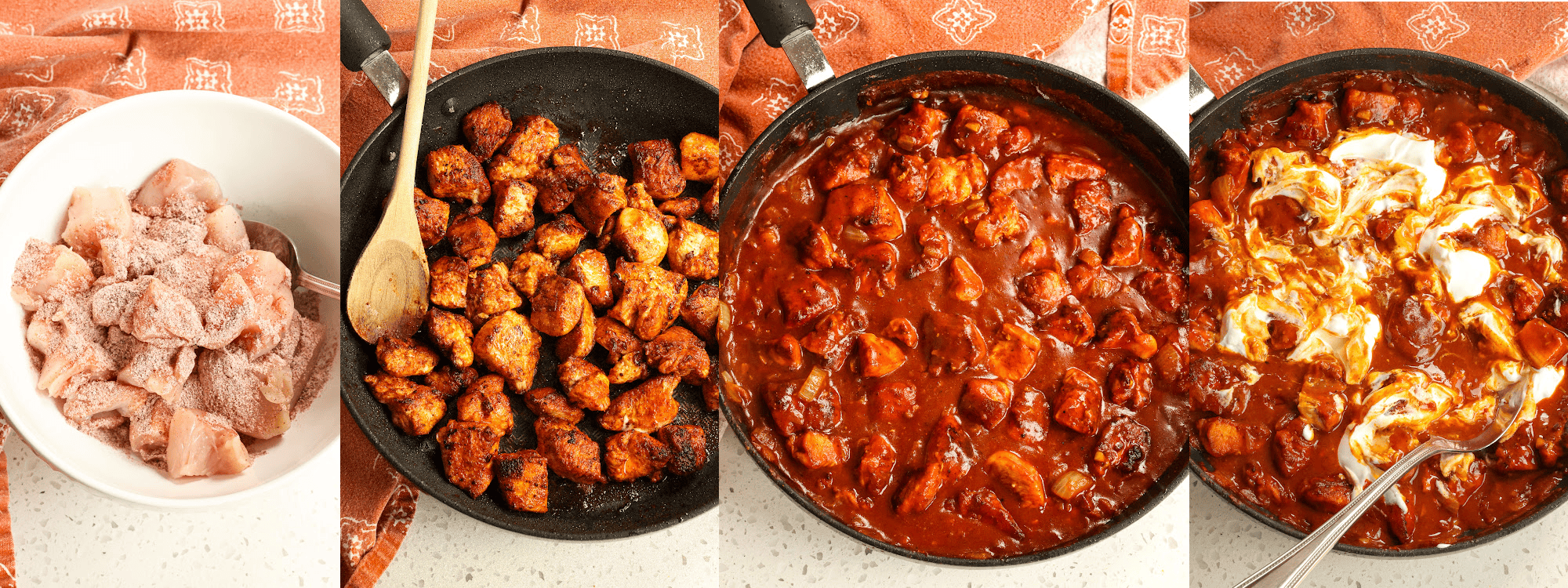 Add the cut chicken, 1½ tablespoons flour, and 1 tablespoon sweet paprika to a bowl and toss to coat the chicken. In a large skillet or pot over medium heat, melt 2 tablespoons of butter and cook the chicken until cooked through. Remove to a plate. In the skillet over medium heat, melt the remaining butter and add the onions, and cook until translucent. Reduce the heat to low and toss in the garlic. Sprinkle in the remaining flour and paprika. Slowly stir in the chicken broth, whisking to combine. Simmer over low heat until thickened. Reduce the heat as low as possible and stir in the sour cream