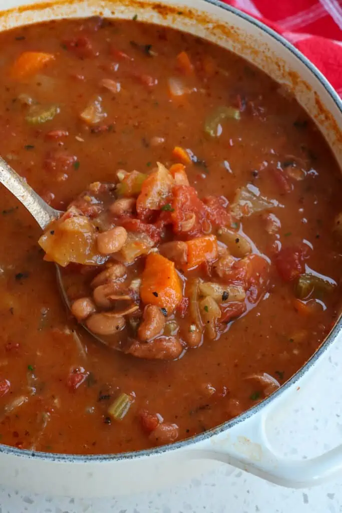 Quick and easy Pinto Bean Soup with onions, celery, carrots, tomatoes, and pinto beans in a vegetable broth seasoned with smoked paprika, marjoram, and cumin. 