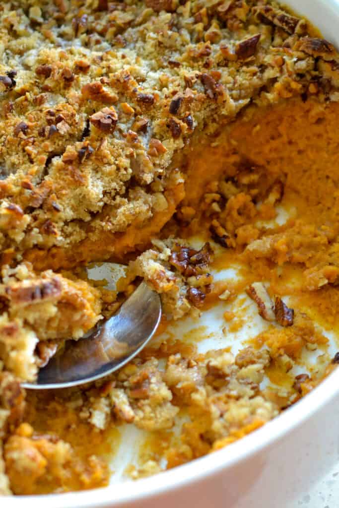 This super easy Sweet Potatoes Casserole combines buttery creamy sweet mashed sweet potatoes with a crunchy pecan topping. 