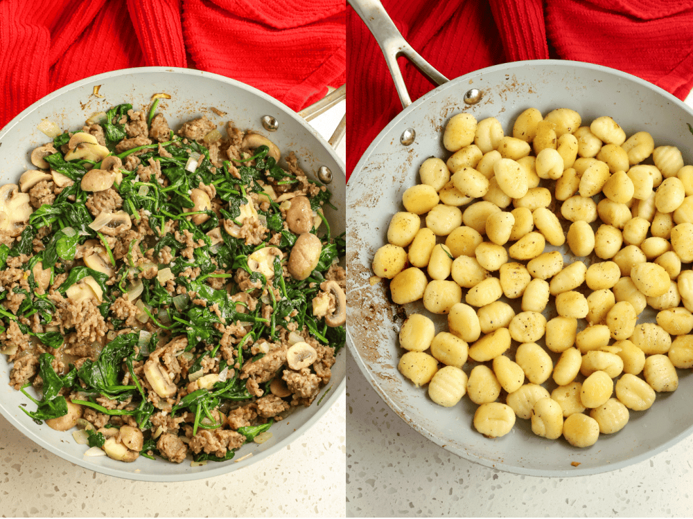 In a large skillet over medium heat, melt butter. Add sausage and break it up. Cook for a few minutes or until browned. Add onions and mushrooms, cooking until onions are soft, mushrooms are browned, and sausage is cooked through. Reduce heat to low, add spinach, and cook until wilted. Add Italian seasoning and garlic; cook for a minute. Remove cooked sausage and veggies to a plate. In the same skillet over medium heat, melt remaining butter. Add gnocchi and cook for several minutes.