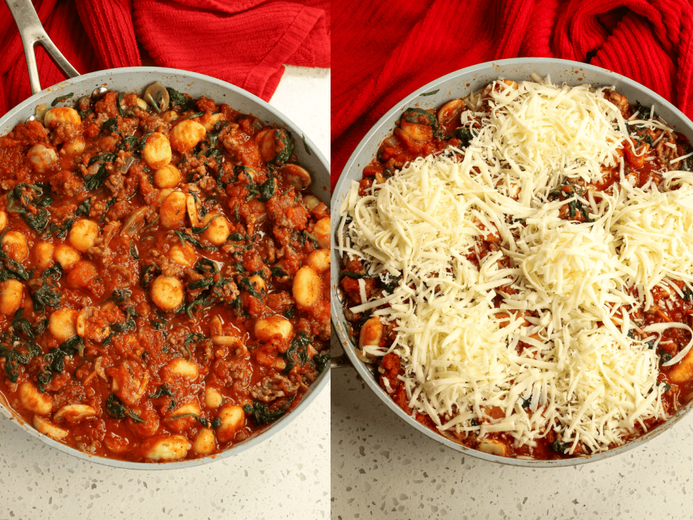 Add sausage and veggies back to the skillet. Stir in marinara and top with shredded mozzarella. Bake uncovered for 20 minutes or until cheese is melted.