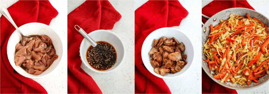 Some of the steps to making pork lo mein. Marinate the pork. In a small bowl, whisk together the soy sauce, sesame oil, granulated sugar, Chinese cooking wine, minced garlic, ginger, and cornstarch. Cook the pork in a little bit of oil in a large skillet. Stir fry the vegetables.