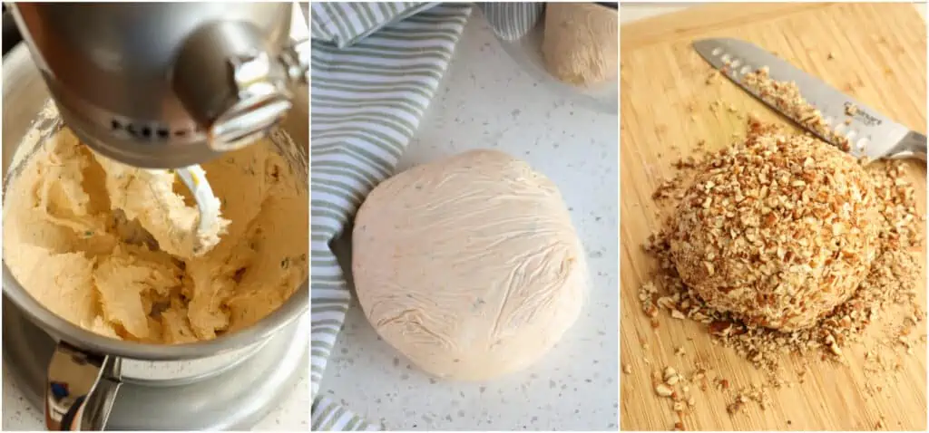 The steps to making a cheese ball. 