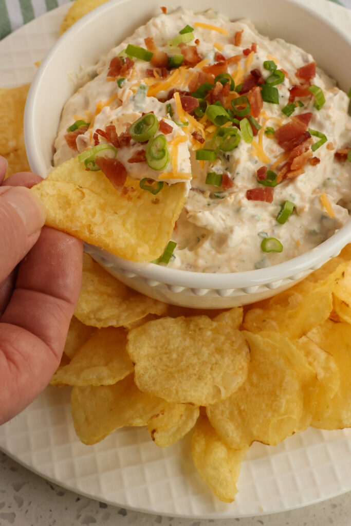  This cream cheese-based dip is loaded with cheddar cheese, bacon, green onion, and ranch seasoning.