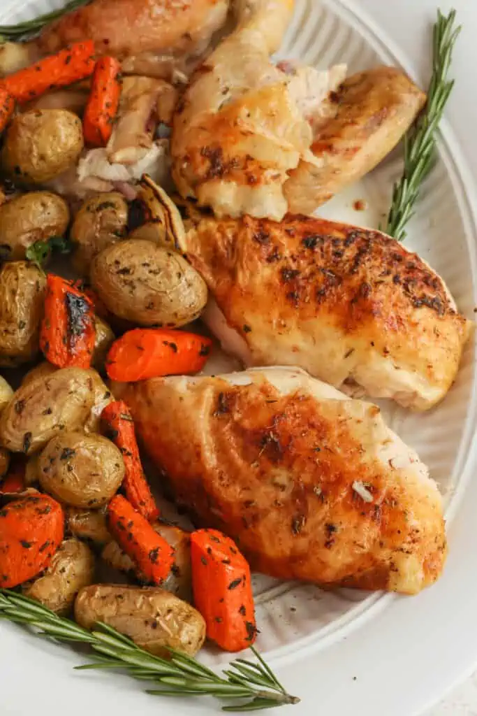 Enjoy this meal with fresh roasted vegetables or mashed potatoes and homemade chicken gravy made from the roasted chicken pan drippings. 