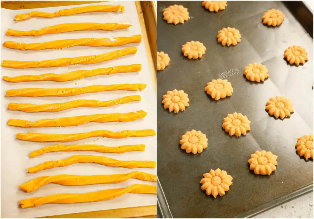 Some of the steps to making cheese straws. Gently place them on a parchment paper-covered large baking sheet. Leave a little space between each strip of dough. If desired, gently twist the dough on each end. If it breaks, pinch it back together. Bake in a preheated oven for 15-20 minutes or until lightly browned