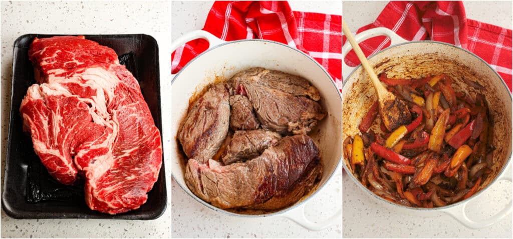 Some of the steps to making ropa vieja. First, trim any large sections of fat from the chuck roast. Small amounts of fat are fine to leave as they lend flavor and tenderness to the meat. In this particular chuck roast, I cut out that large area of fat in the center.

Then heat a little vegetable oil in a large pot or Dutch oven over medium-high heat. Generously salt and pepper the roast on both sides. Then brown the roast on both sides and remove it to a plate. If needed, work in batches. Add a little more vegetable oil to the skillet over medium heat. Add the onions and peppers and cook until the onions are slightly browned on the edges and soft. Reduce the heat to low and add the garlic, cumin, smoked paprika, sweet paprika, dried oregano, and allspice. Cook for 1 minute while stirring continuously.