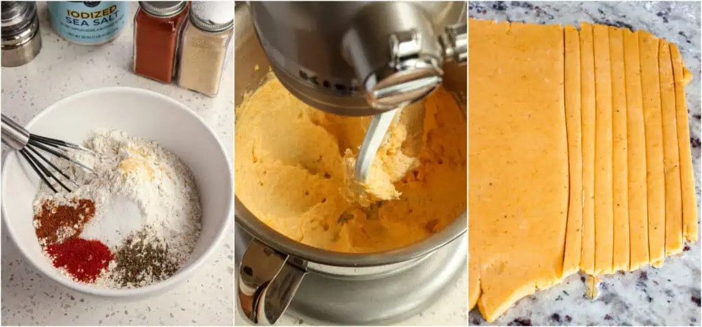 Some of the steps to making cheese straws. Whisk together the flour, salt, paprika, fresh ground black pepper, cayenne pepper, and garlic powder.Reduce the speed to low and add the dry ingredients in several increments, beating until well combined after each addition. Then roll the dough out into a larger, thinner rectangle. I usually roll it into about a 10x13-inch rectangle. Using a pizza cutter, cut the dough into long, thin strips. 
