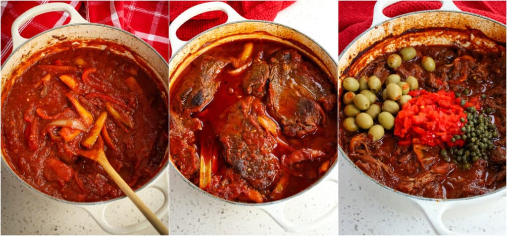 Some of the steps to making ropa vieja. Add the wine and bring it to a boil while scraping to deglaze the bottom. Add the chicken broth, crushed tomatoes, tomato paste, carrot, celery, and bay leaves. Then add the beef back to the pot and bring the mixture to a boil. Reduce the heat to simmer, cover, and cook for 2 1/2-3 hours or until fork tender. Remove the beef from the pot and use two forks to shred the beef, removing any cartilage or large amounts of fat. Remove the carrot, celery, and bay leaves and discard. Add the beef back to the pot over medium-low heat. Stir in the olives, pimentos, and capers and cook over low heat until heated through. Sprinkle with chopped fresh cilantro or parsley.