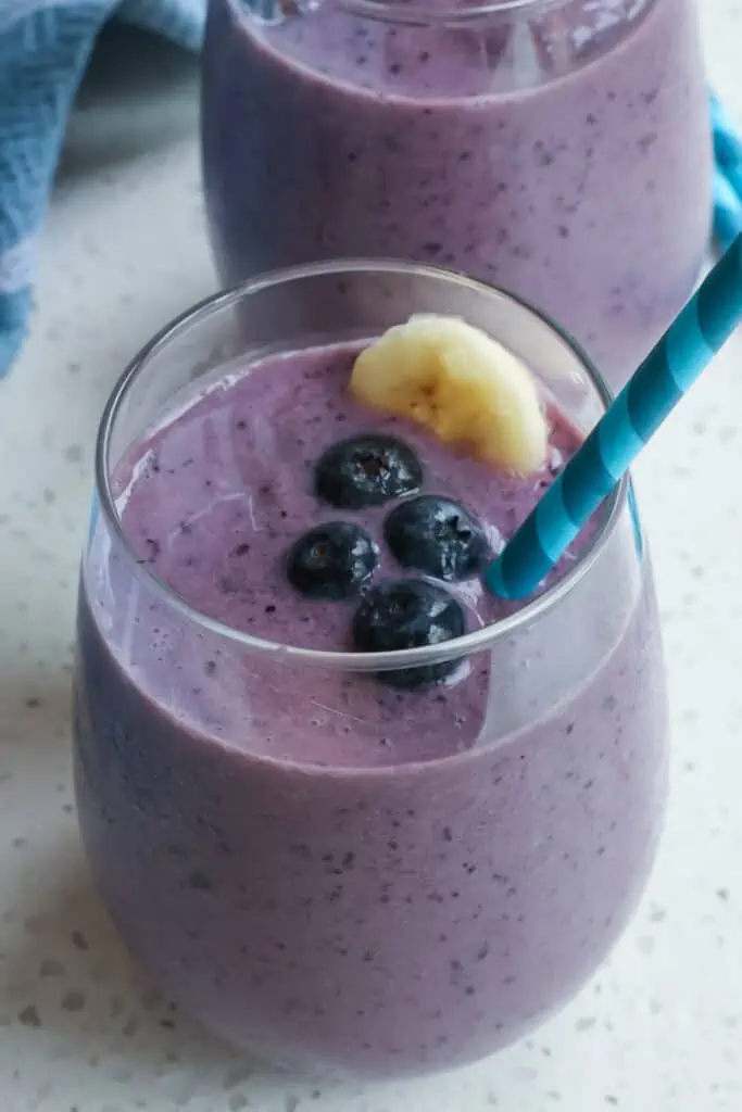 This quick and easy four-ingredient refreshing Blueberry Smoothie is loaded with nutrition from fruit and probiotics from Greek yogurt.