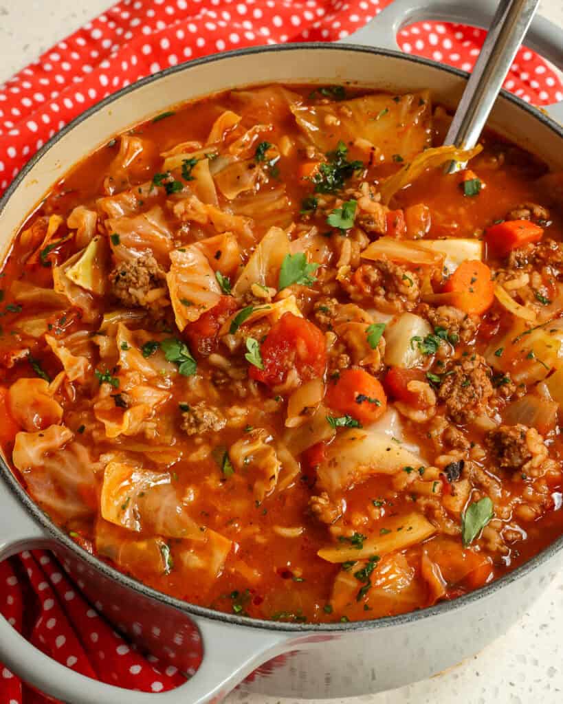 An over head view of cabbage soup in a Dutch oven.